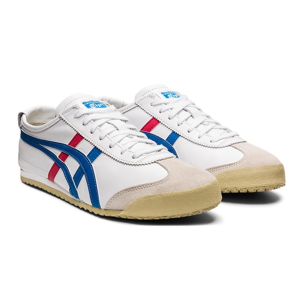 Onitsuka Tiger by Asics White Sneakers with Blue and Red Stripes